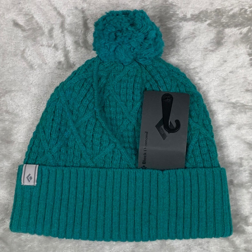 Black Diamond Cable Cuff Pom Beanie Teal Green Wool Blend Hat Outdoor Winter NEW